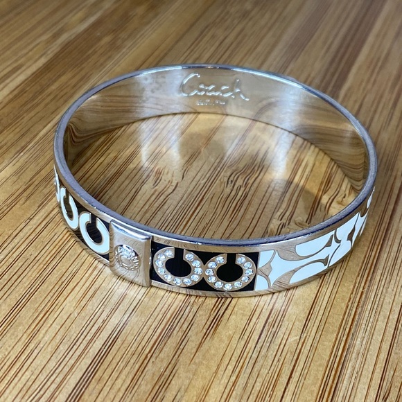 Coach Jewelry - COACH Black Enamel and Silver Tone Signature CC Logo Bangle Bracelet Fashion